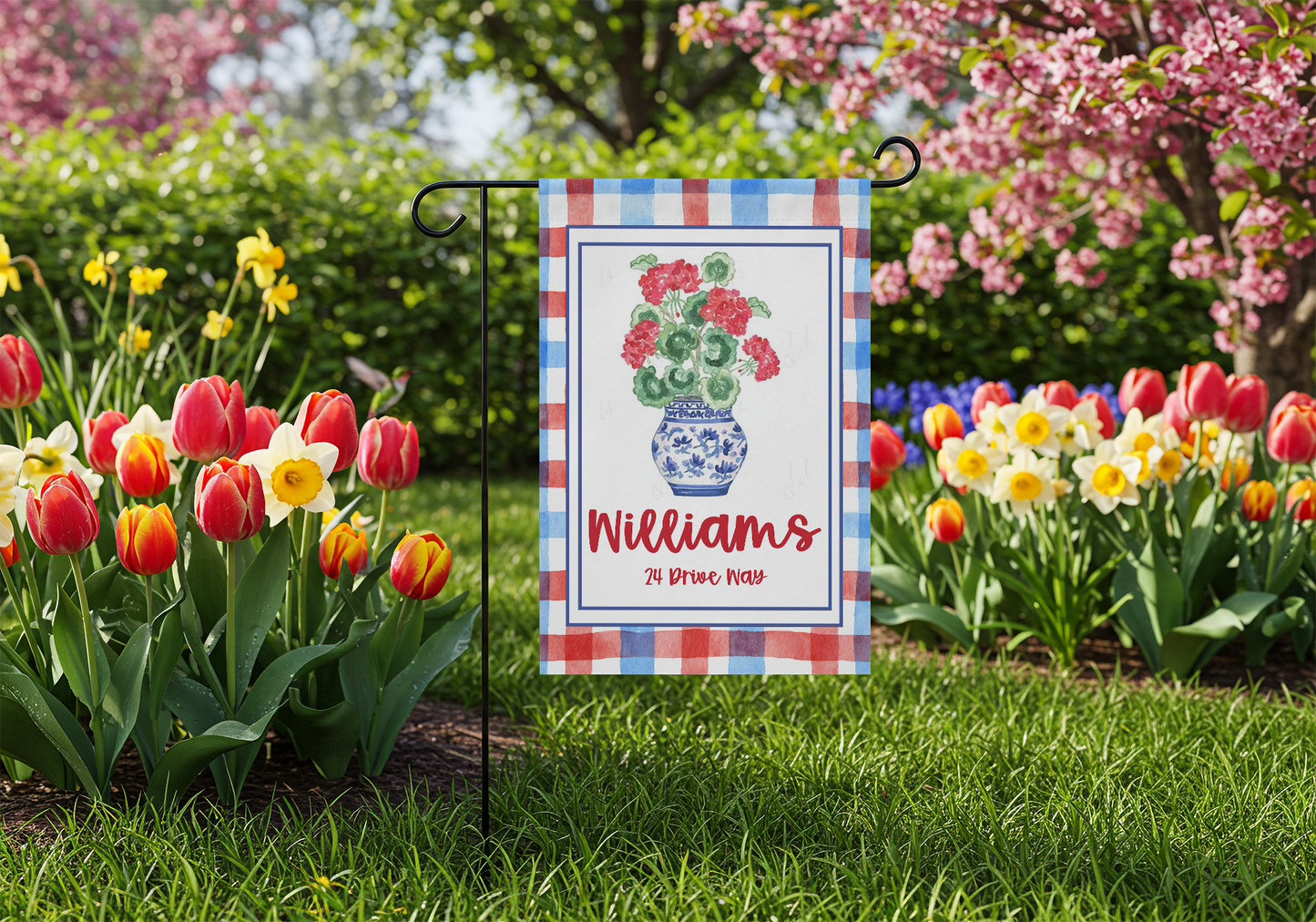 Personalized Red Geranium Garden Flag with Name & Address