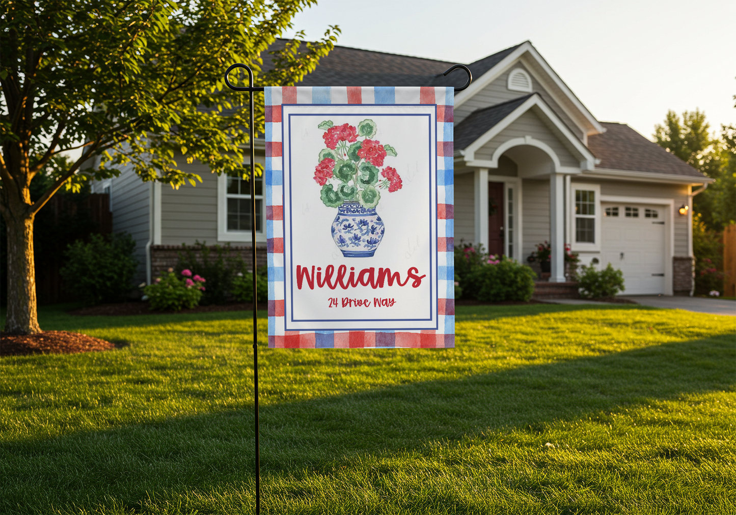 Personalized Red Geranium Garden Flag with Name & Address