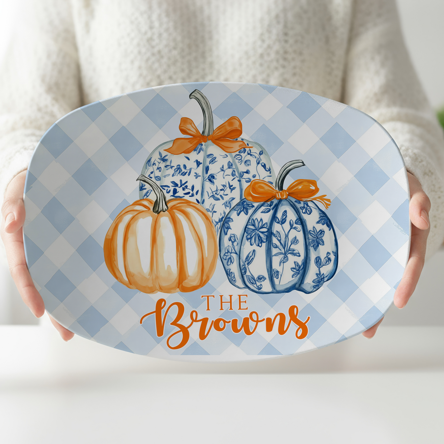 Personalized Blue Pumpkin Serving Platter | Custom Family Name Oval Melamine Platter | Blue Gingham Fall Serving Tray | Thanksgiving Hostess Gift