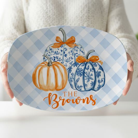 Personalized Blue Pumpkin Serving Platter | Custom Family Name Oval Melamine Platter | Blue Gingham Fall Serving Tray | Thanksgiving Hostess Gift