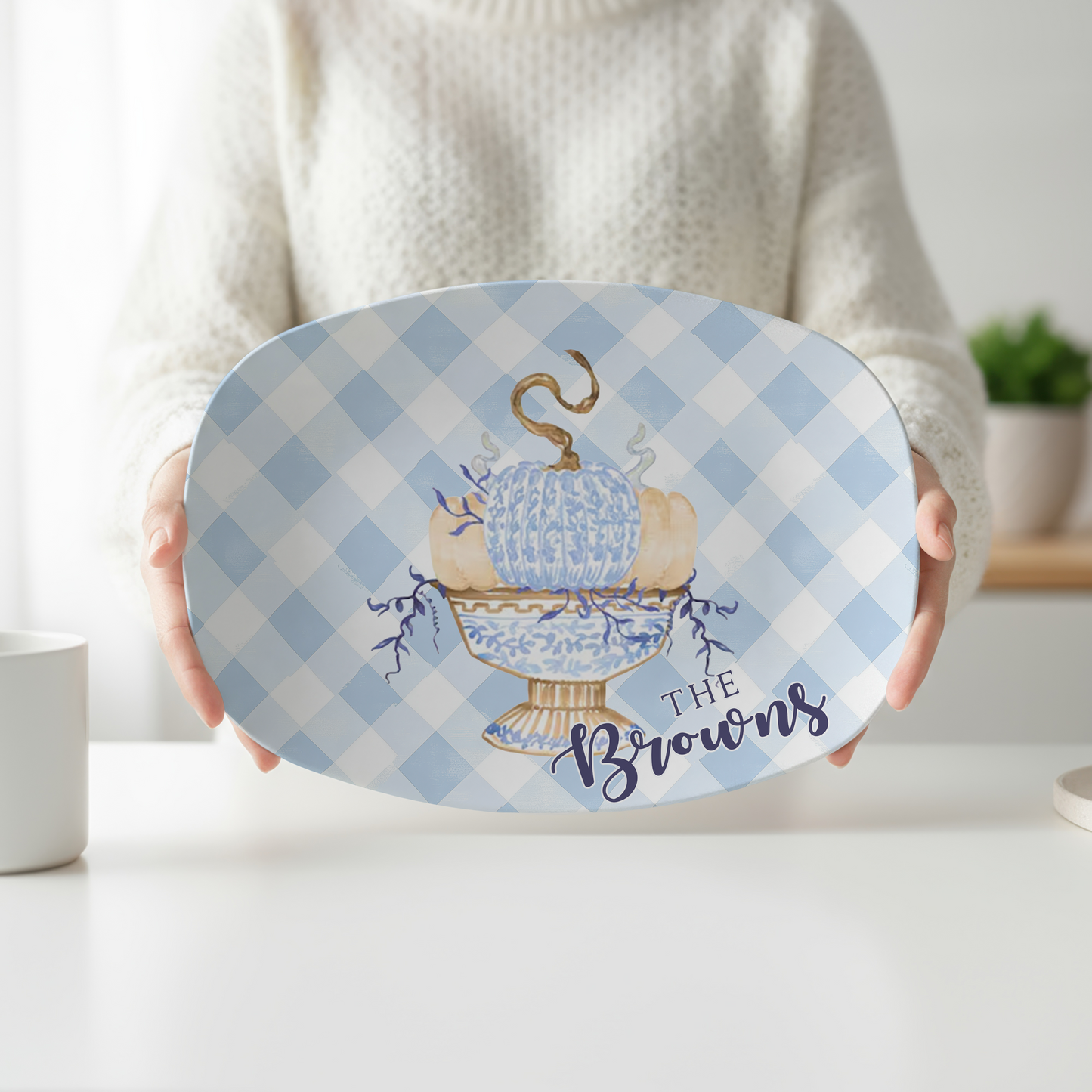 Personalized Blue Chinoiserie Pumpkin Serving Platter | Custom Family Name Platter | Fall Thanksgiving Serving Tray | Elegant Housewarming Gift