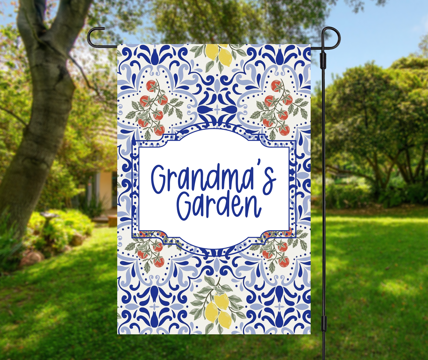 Grandma's Garden Blue Tile Garden Flag