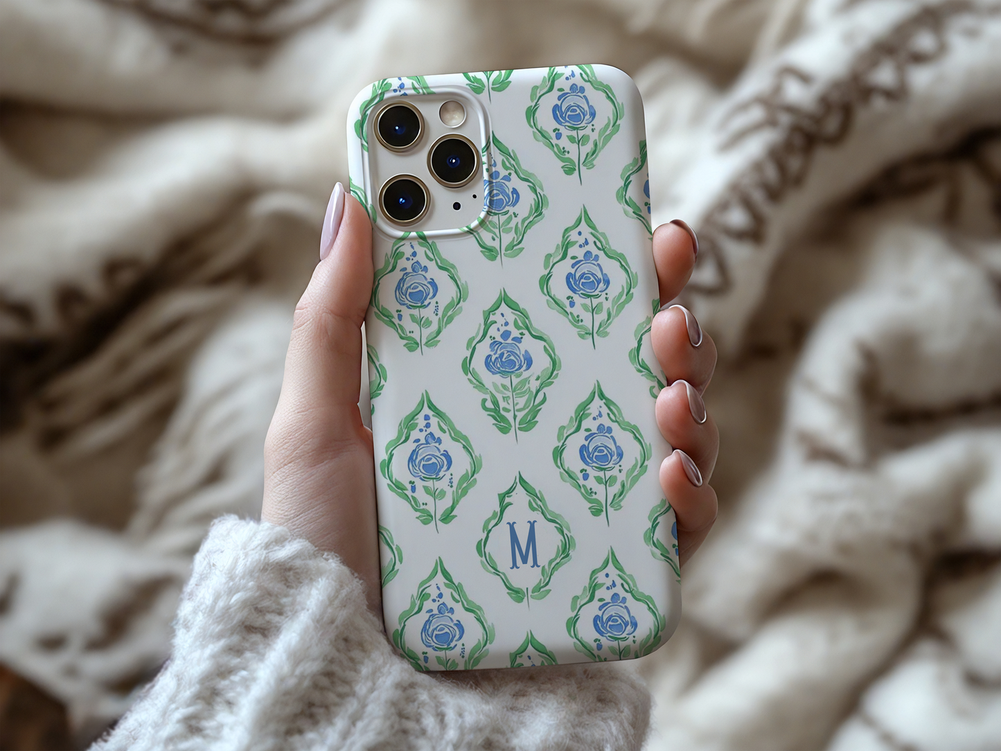 Blue Rose Grandmillennial Monogram Phone Case Personalized
