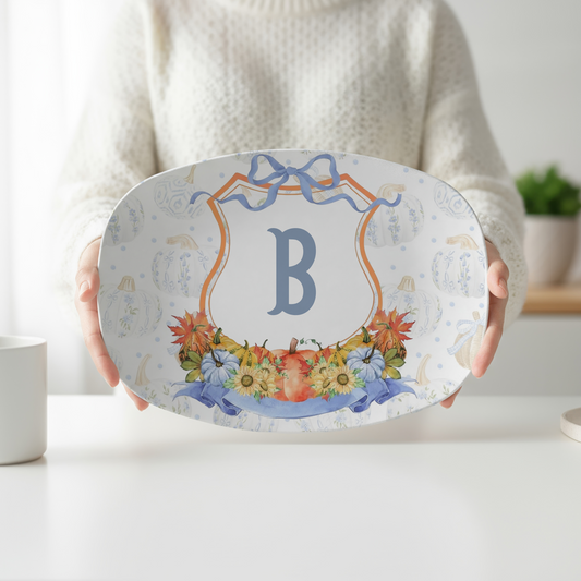 Personalized Grandmillennial Fall Crest Serving Platter | Custom Monogram Thanksgiving Platter | Blue Pumpkin Autumn Serving Tray | Family Hostess Gift