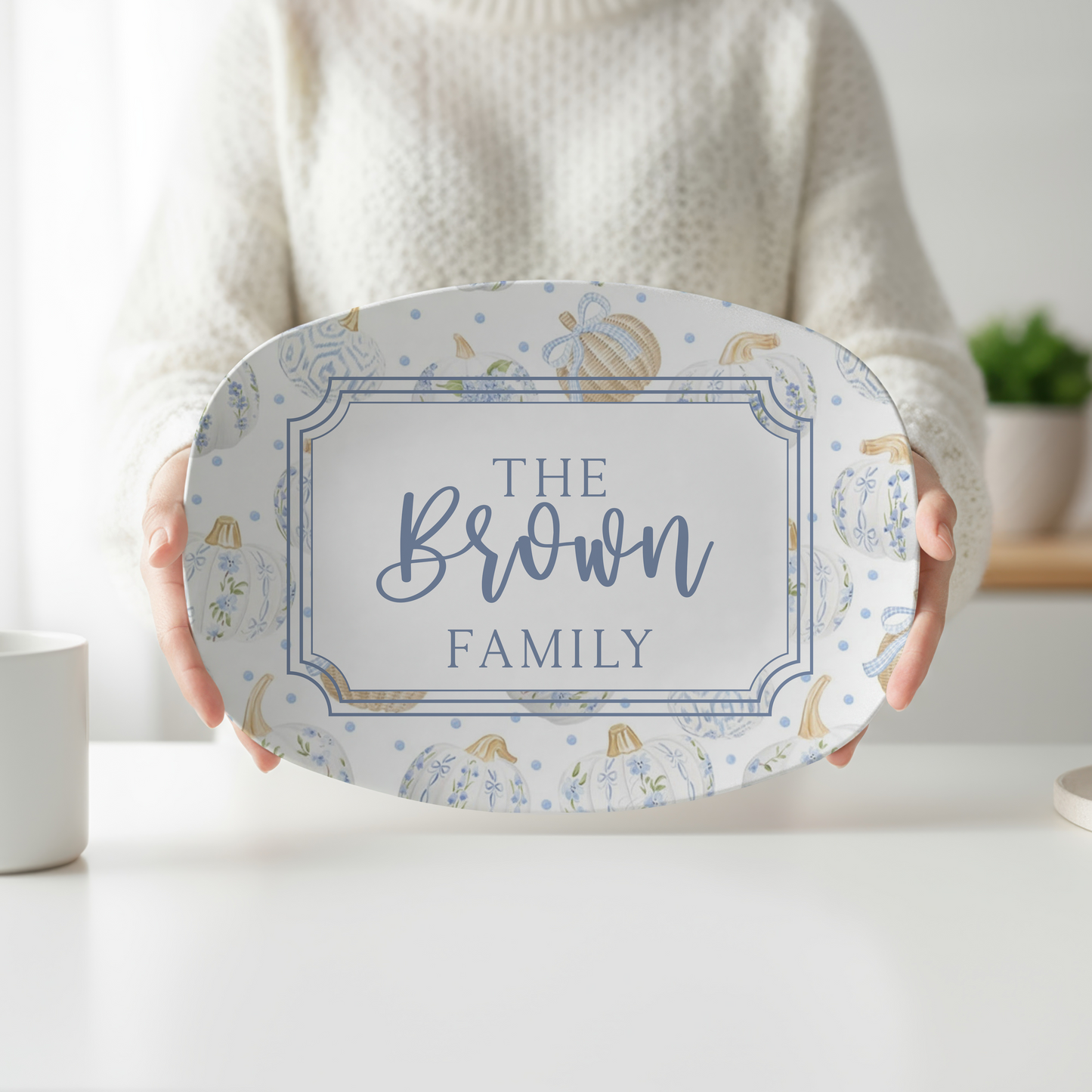 Personalized Blue Grandmillennial Pumpkin Serving Platter | Custom Family Name Fall Platter | Chinoiserie Pumpkin Thanksgiving Tray | Autumn Hostess Gift