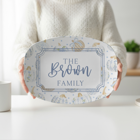 Personalized Blue Grandmillennial Pumpkin Serving Platter | Custom Family Name Fall Platter | Chinoiserie Pumpkin Thanksgiving Tray | Autumn Hostess Gift