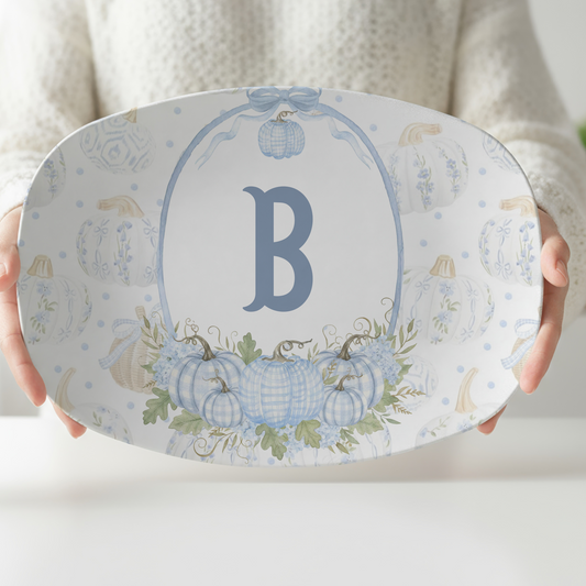 Personalized Blue Pumpkin Monogram Serving Platter | Grandmillennial Fall Platter | Custom Initial Thanksgiving Serving Tray | Chinoiserie Autumn Hostess Gift