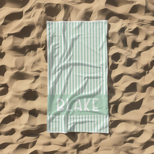 Green Striped Personalized Kids Beach Towel