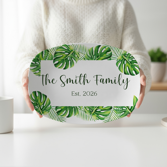 Personalized Tropical Monstera Serving Platter | Custom Family Name Oval Platter | Botanical Serving Tray | Housewarming Gift | Wedding Gift