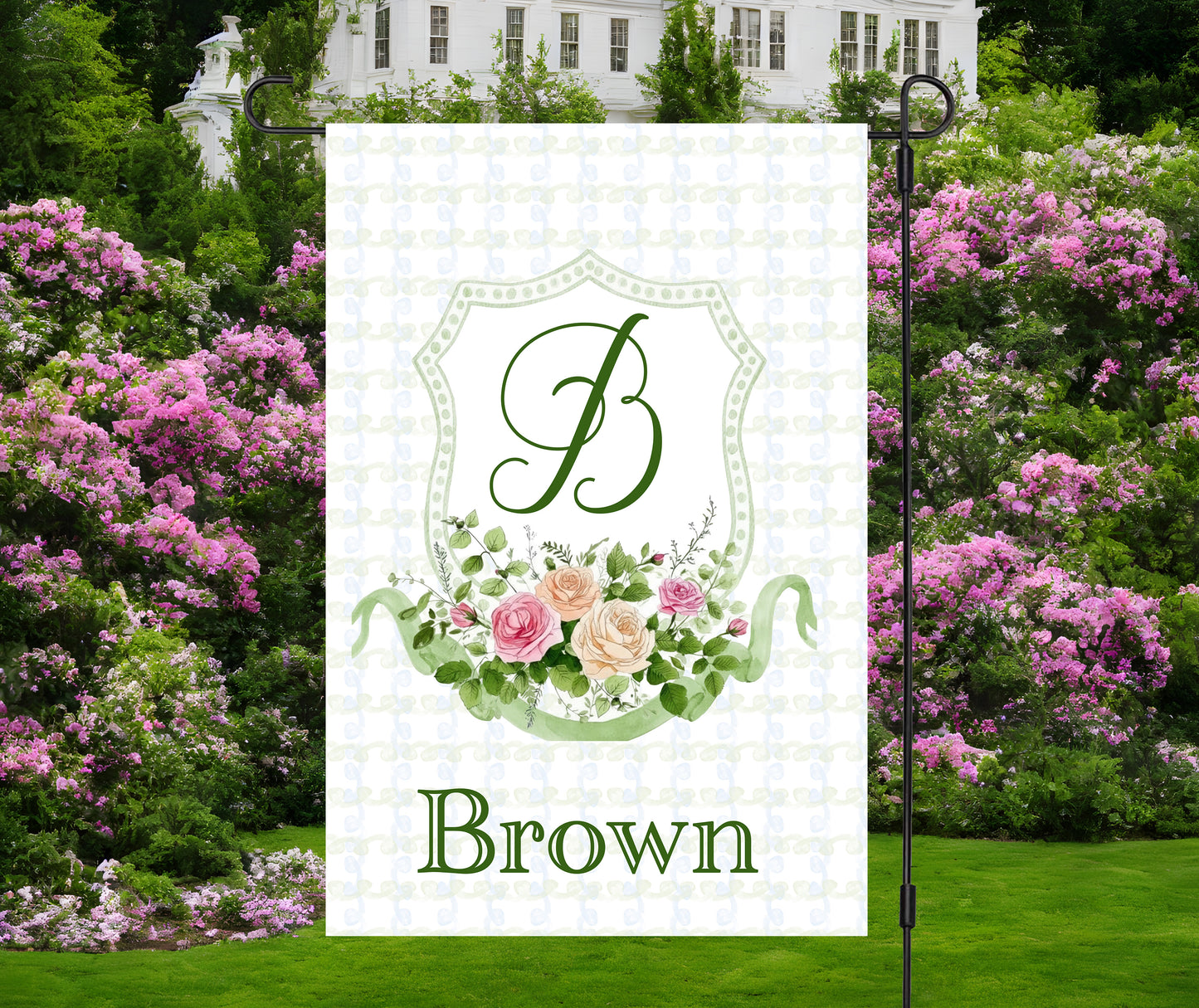 Personalized Green and Pink Floral Monogram Crest Garden Flag