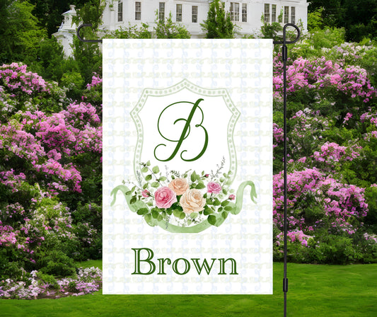 Personalized Green and Pink Floral Monogram Crest Garden Flag