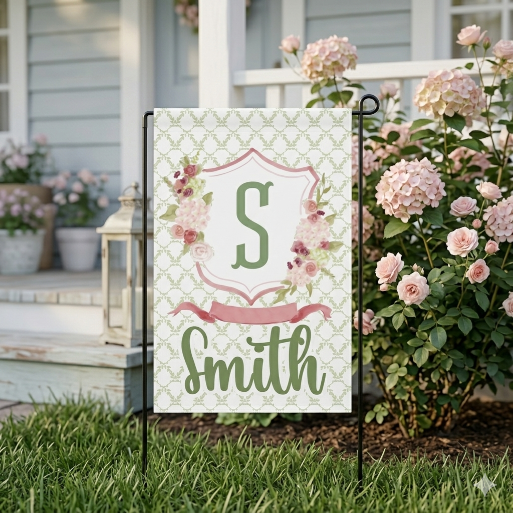 Personalized Pink Floral Monogram Garden Flag