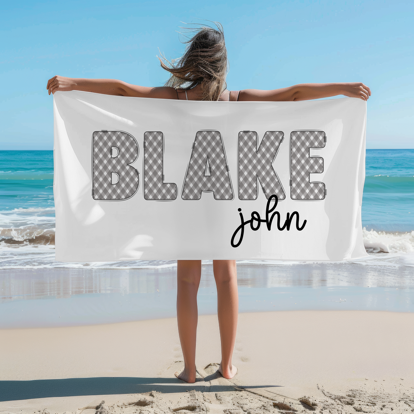 grey buffalo check personalized beach towel
