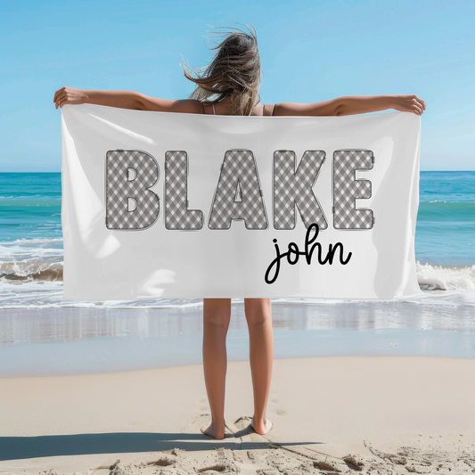 grey buffalo check personalized beach towel