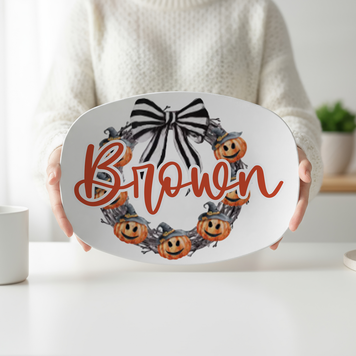 Personalized Halloween Pumpkin Wreath Serving Platter | Custom Family Name Halloween Platter | Spooky Serving Tray | Halloween Party Decor | Fall Hostess Gift