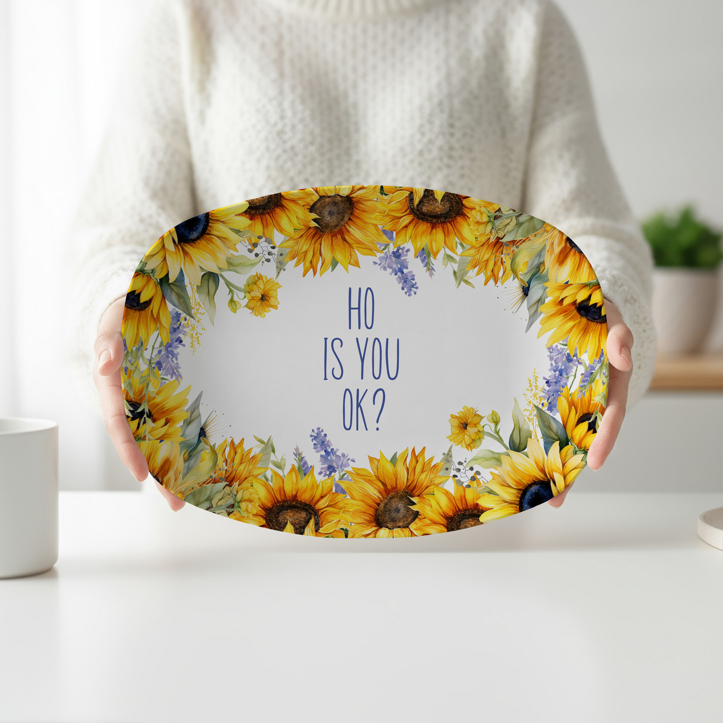Ho Is You OK? Funny Sunflower Serving Platter | Southern Humor Gift | Snarky Hostess Tray | Funny Kitchen Decor