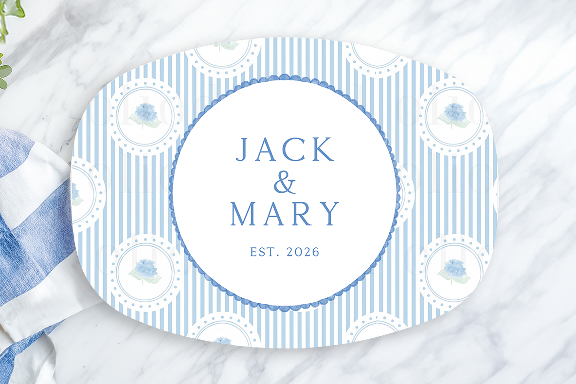 Personalized Hydrangea Serving Platter | Custom Family Name Oval Platter | Blue Hydrangea Wedding Gift | Housewarming Serving Tray