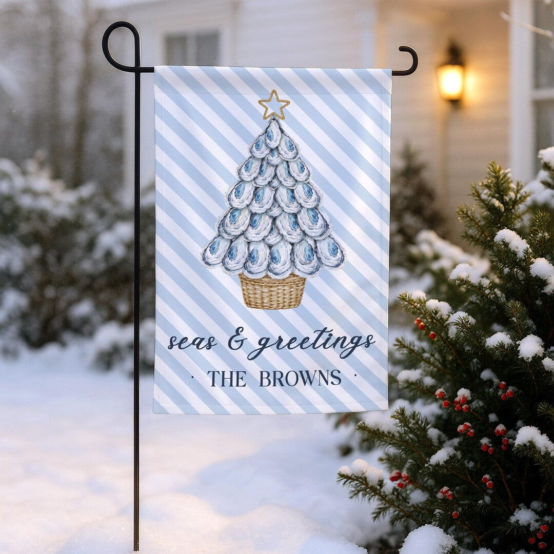 Oyster Shell Tree Christmas Garden Flag, Seas and Greetings, personalized with family name