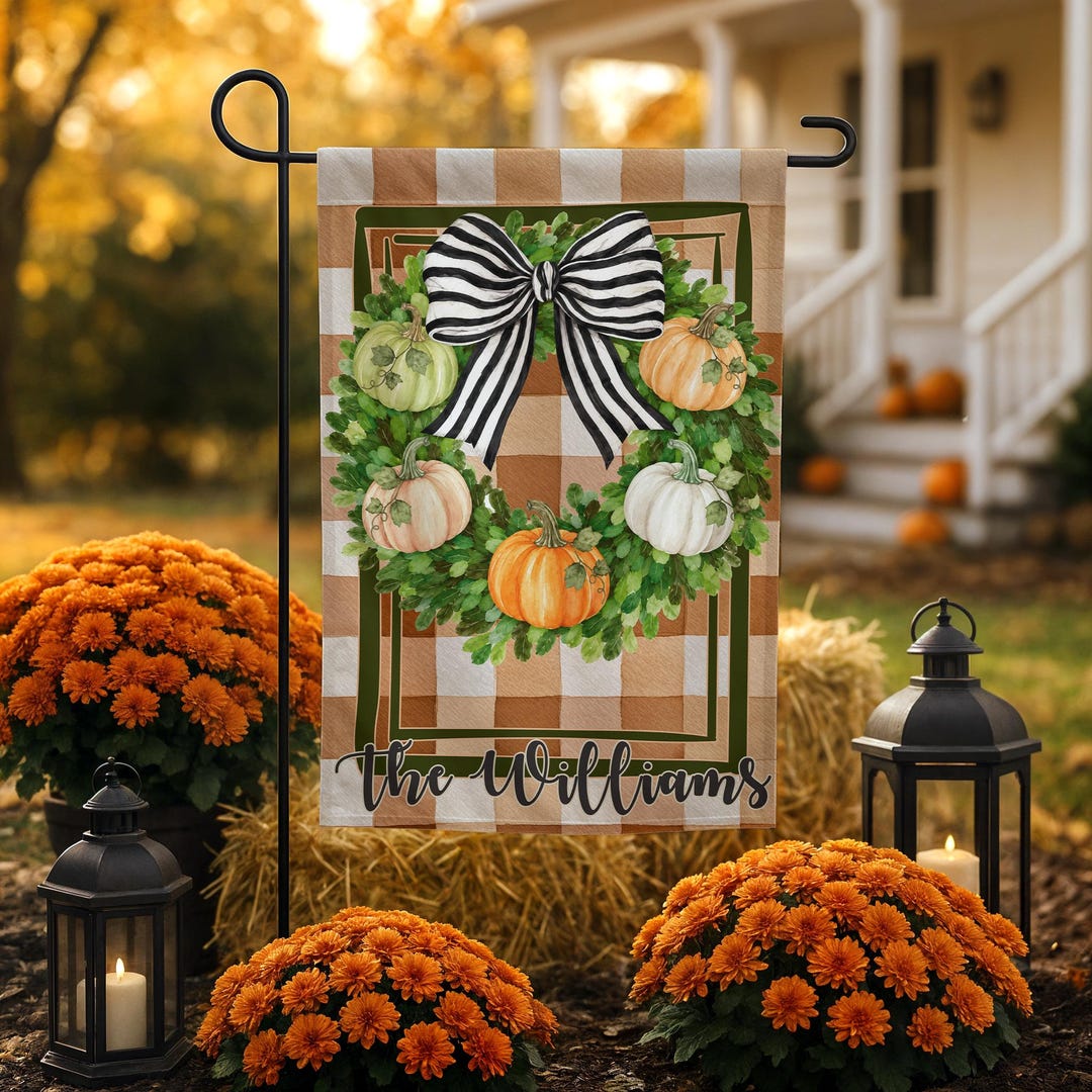 Personalized Fall Garden Flag Pumpkin Wreath