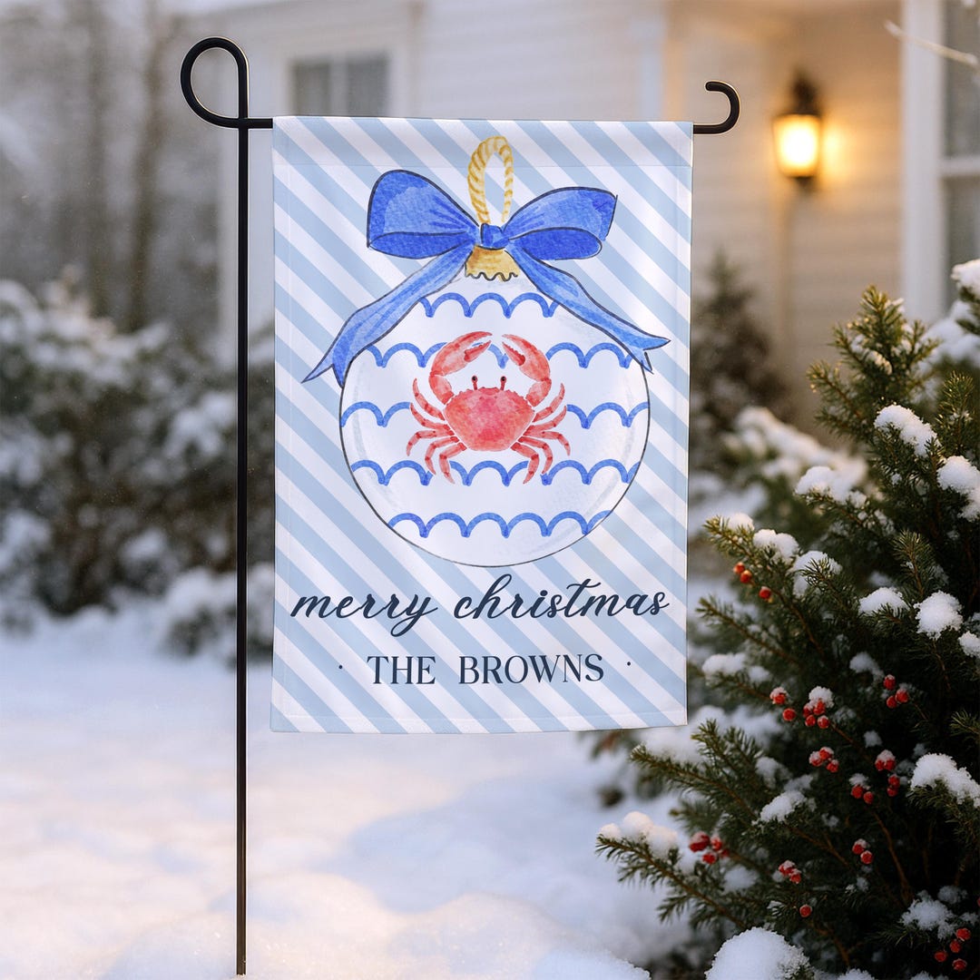 Crab Christmas Garden Flag personalized with family name