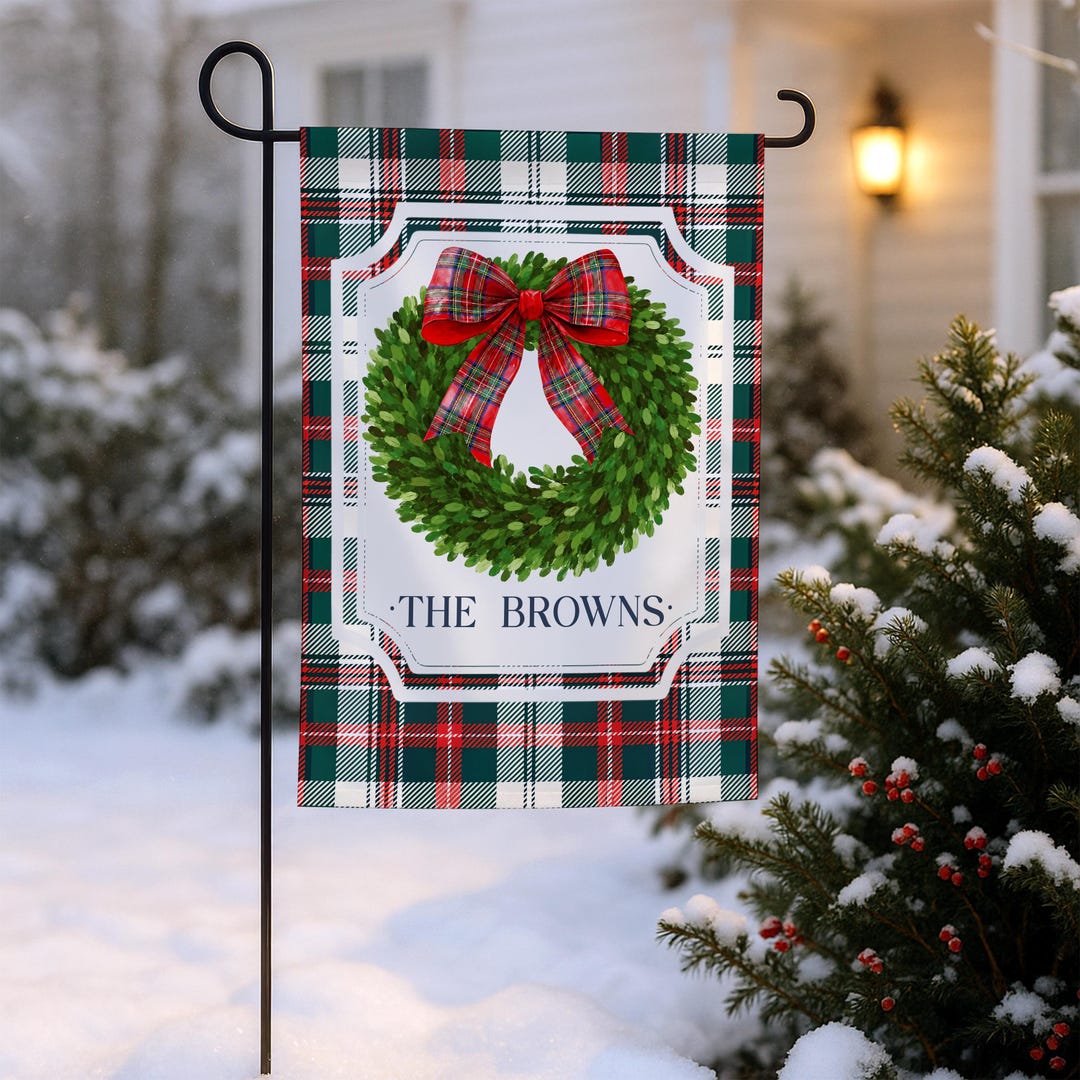 Tartan Wreath Christmas Garden Flag personalized with family name