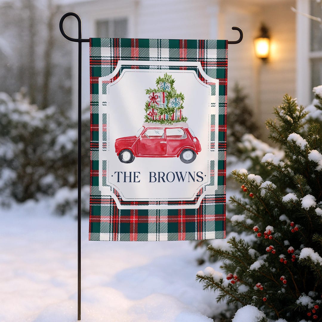 Vintage Red Car Christmas Garden Flag personalized with family name