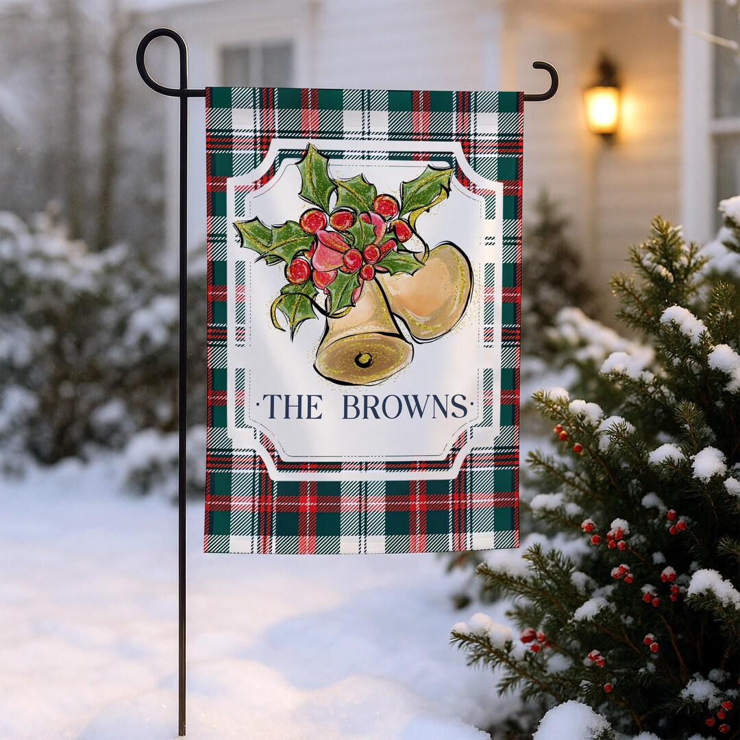 Tartan Bells Christmas Garden Flag personalized with family name