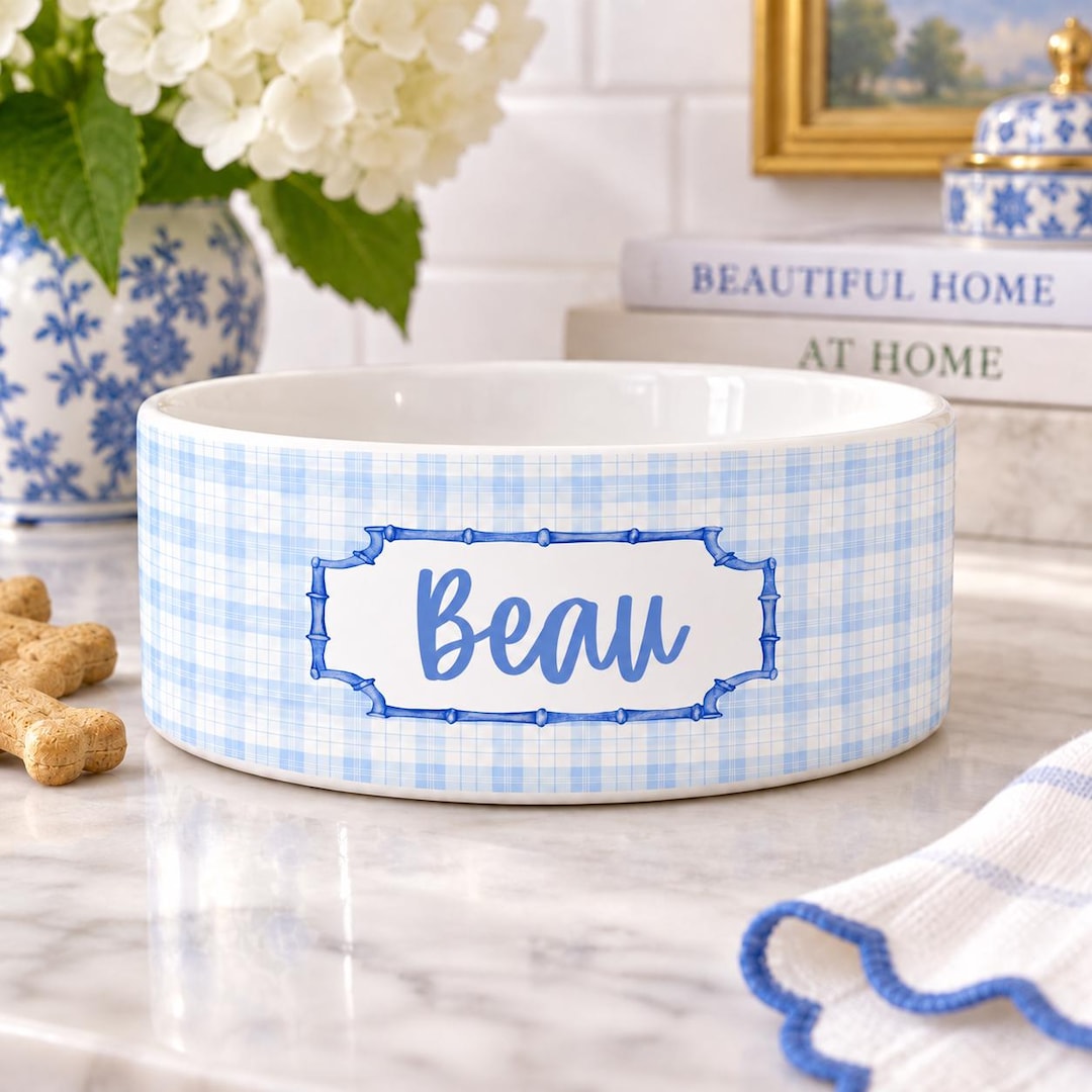 Personalized Dog Bowl Blue Plaid