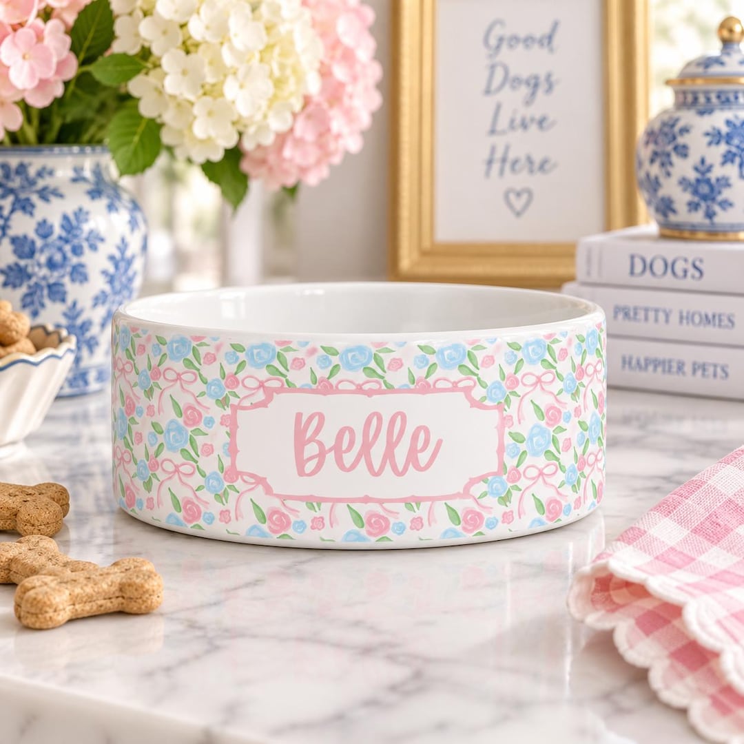Personalized Dog Bowl Pink Blue Floral