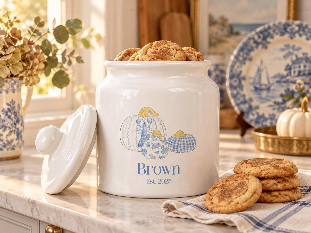 Personalized Chinoiserie Pumpkin Cookie Jar Blue White