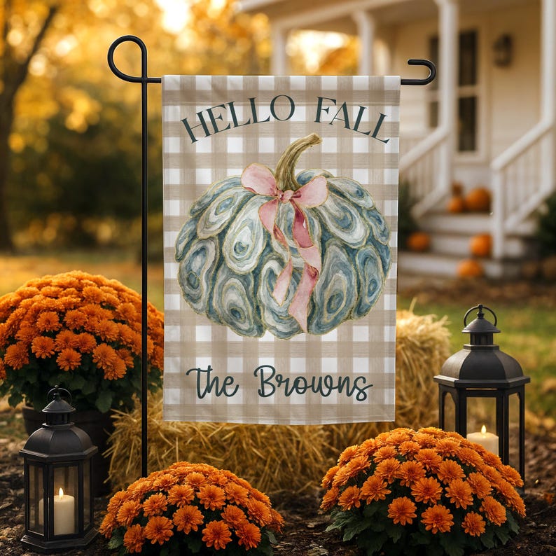 Personalized Fall Garden Flag, Oyster Pumpkin Hello Fall Flag