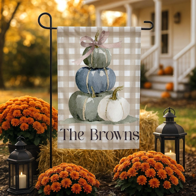 Personalized Fall Garden Flag, Blue Green Pumpkin Flag