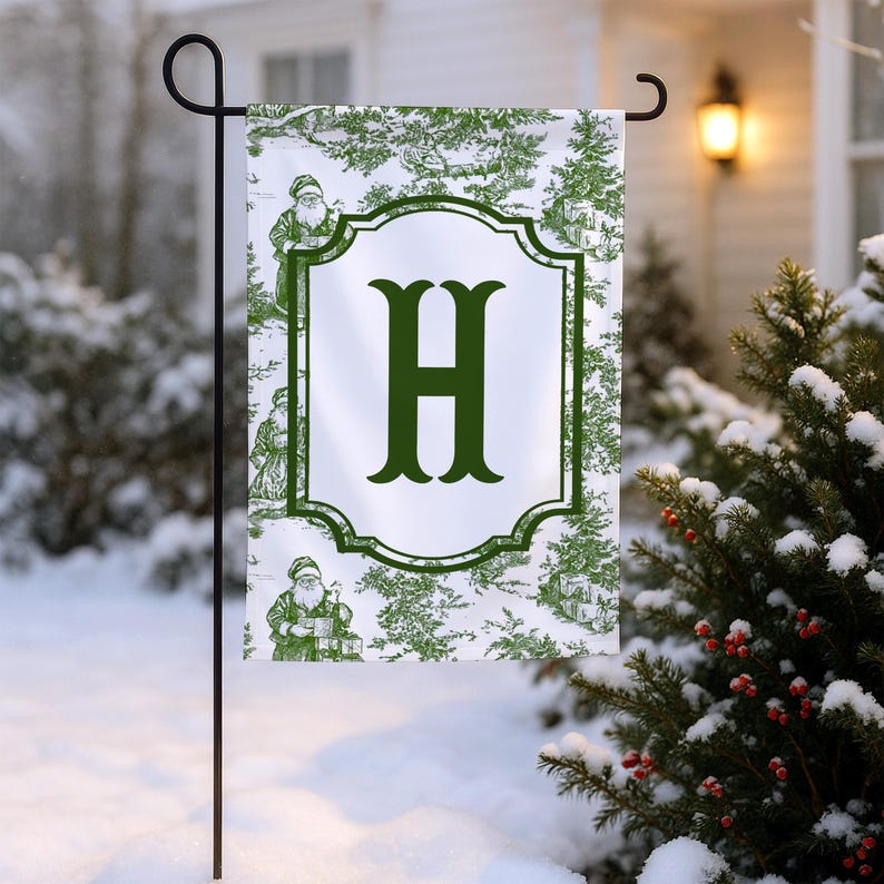 Personalized Christmas Garden Flag Green Toile detail
