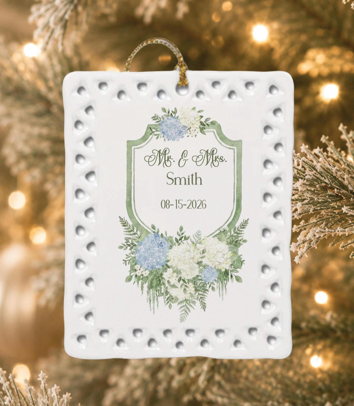 Personalized Hydrangea Crest Wedding Ornament
