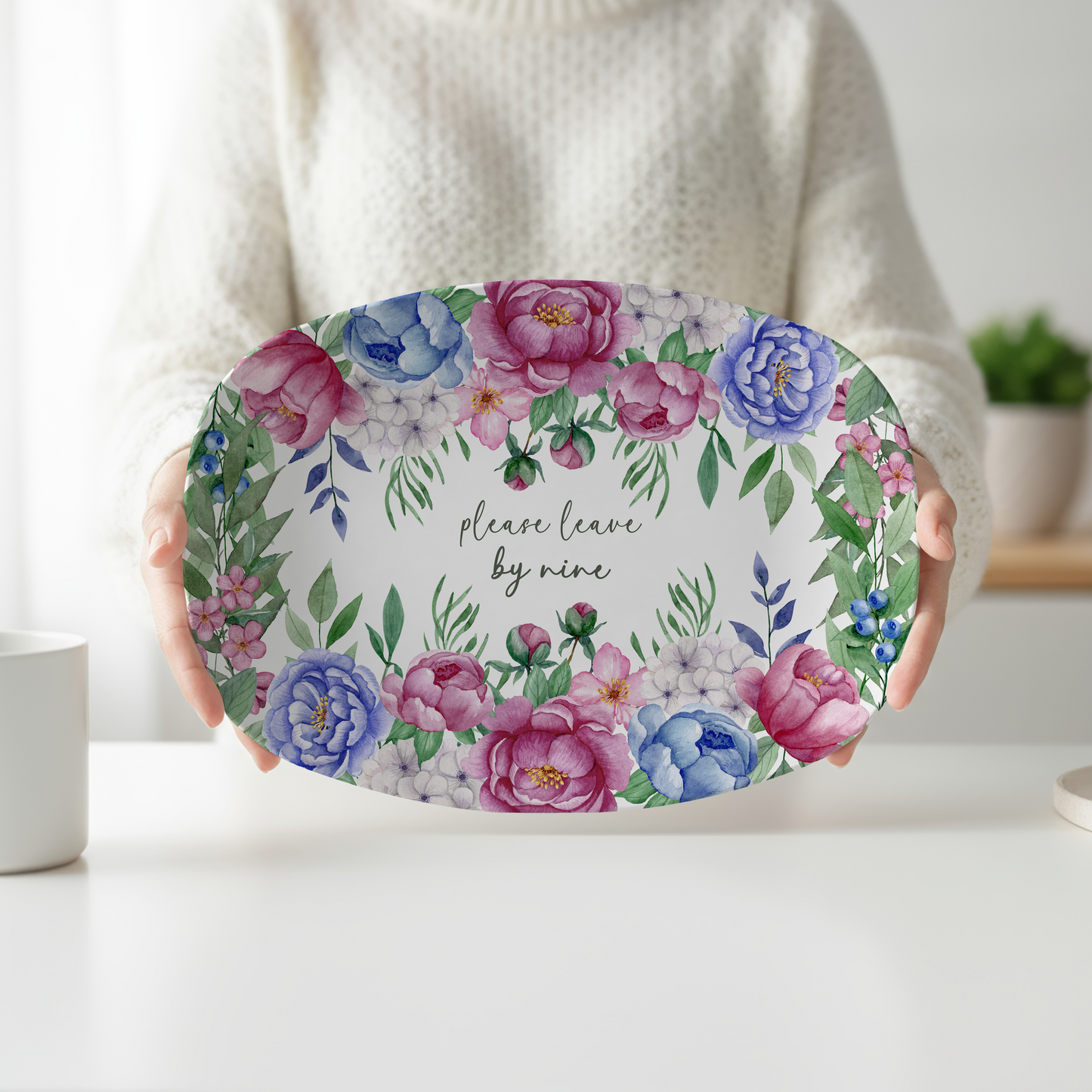 Please Leave By Nine Funny Serving Platter | Introvert Hostess Gift | Sarcastic Floral Tray | Funny Housewarming Gift