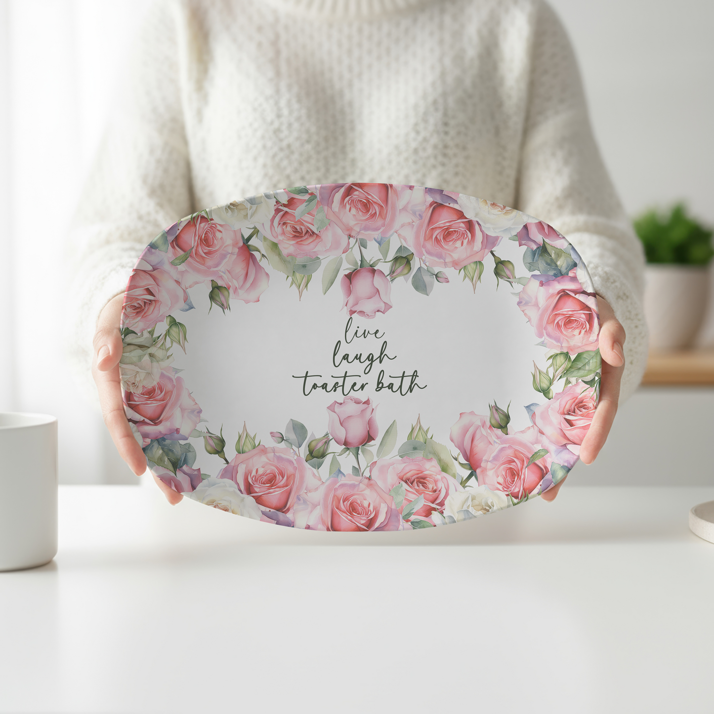Live Laugh Toaster Bath Funny Serving Platter | Dark Humor Kitchen Decor | Sarcastic Hostess Gift | Funny Floral Tray