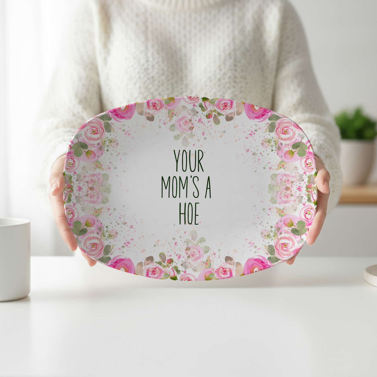 Your Mom's a Hoe Funny Serving Platter | Sarcastic Floral Tray | Funny Housewarming Gift | Snarky Kitchen Decor