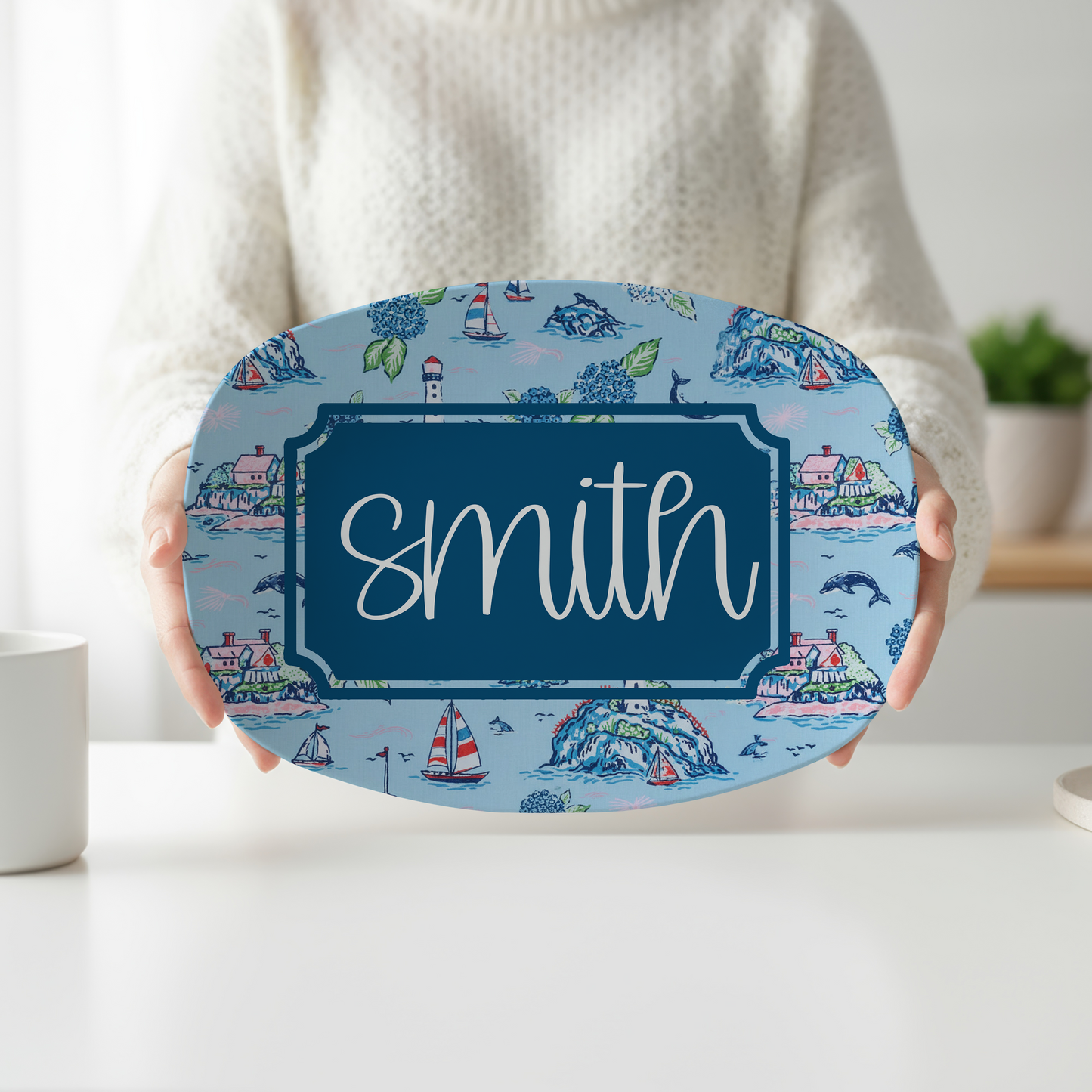 Personalized Coastal Serving Platter | Custom Family Name Platter | New England Nautical Serving Tray | Beach House & Housewarming Gift