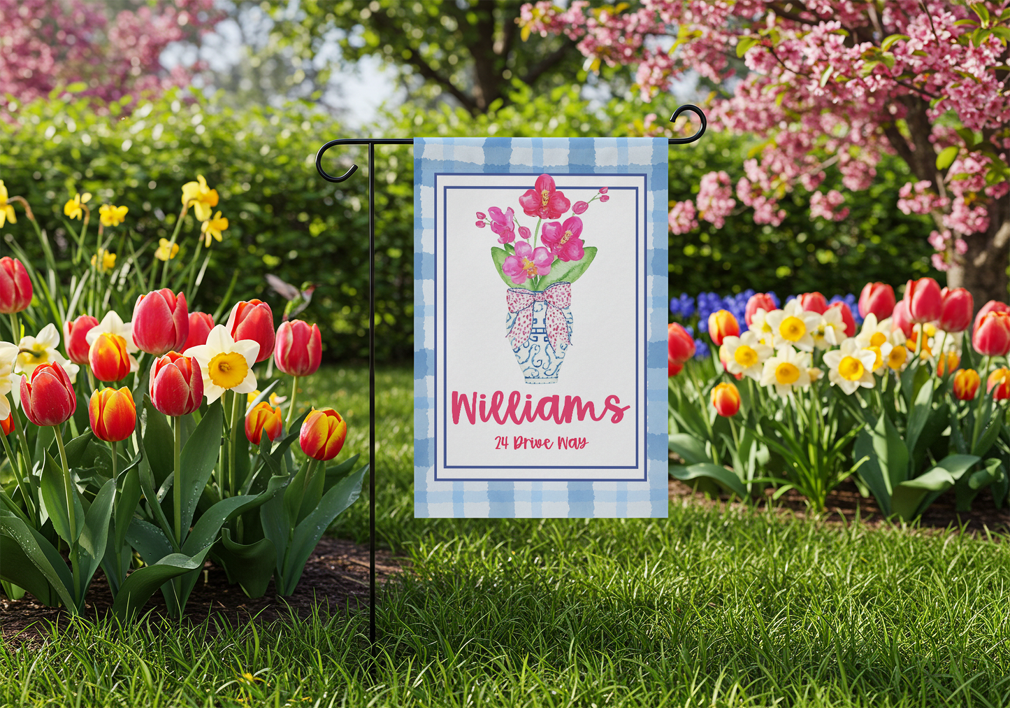 Personalized Pink Orchid Garden Flag with Name & Address