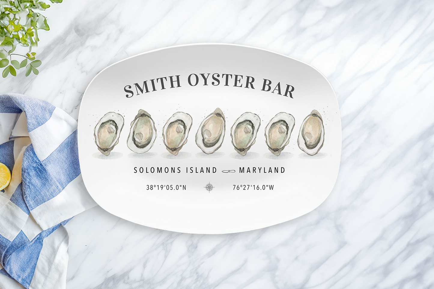 Oyster bar platter with 'Smith Oyster Bar' branding on a marble surface.
