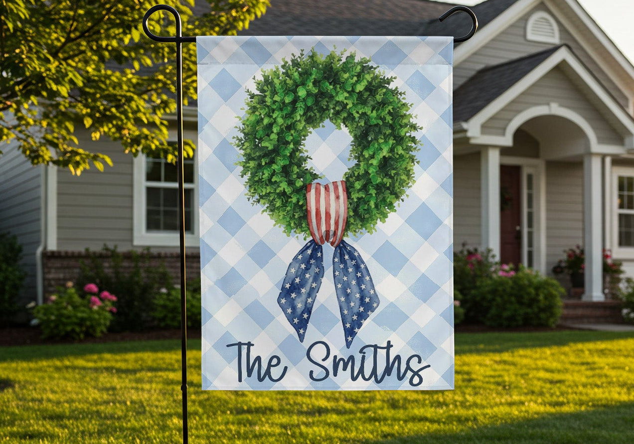 Personalized American Flag Wreath Garden Flag