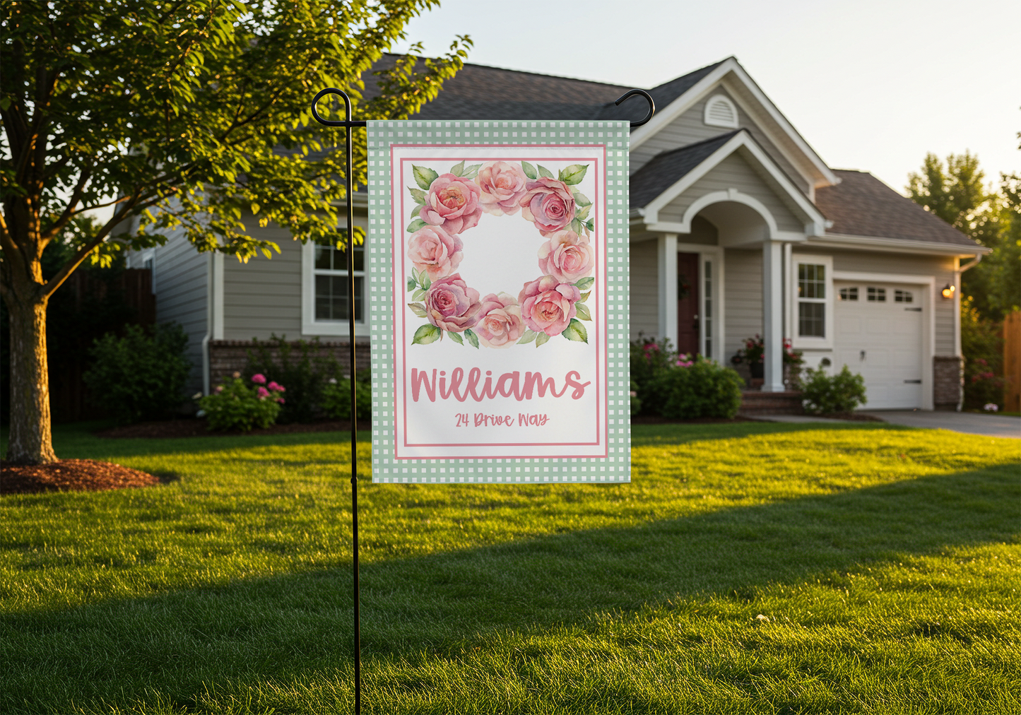 Personalized Pink Peony Garden Flag with Name & Address