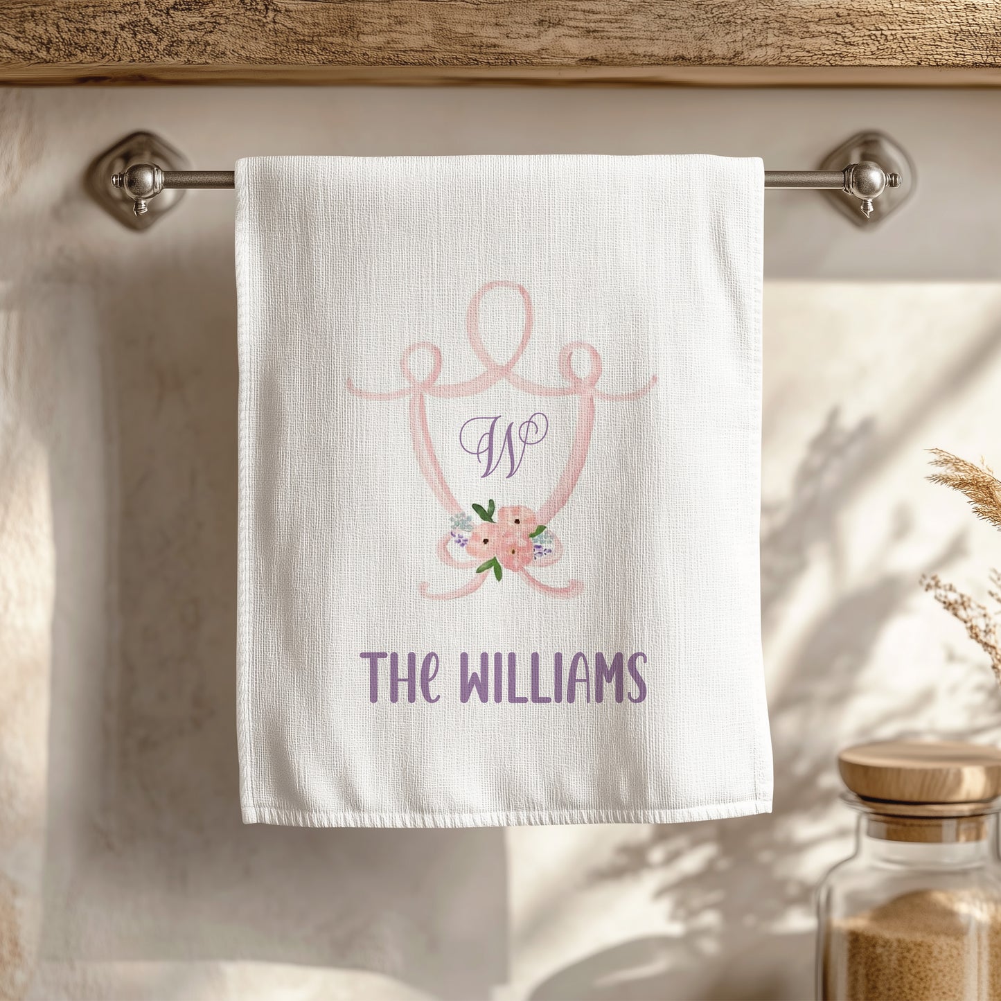 Personalized Floral Crest Kitchen Towel