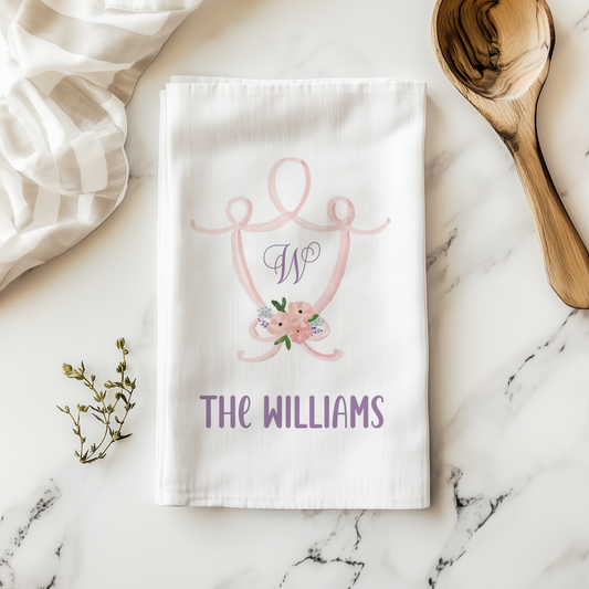 Personalized Floral Crest Kitchen Towel