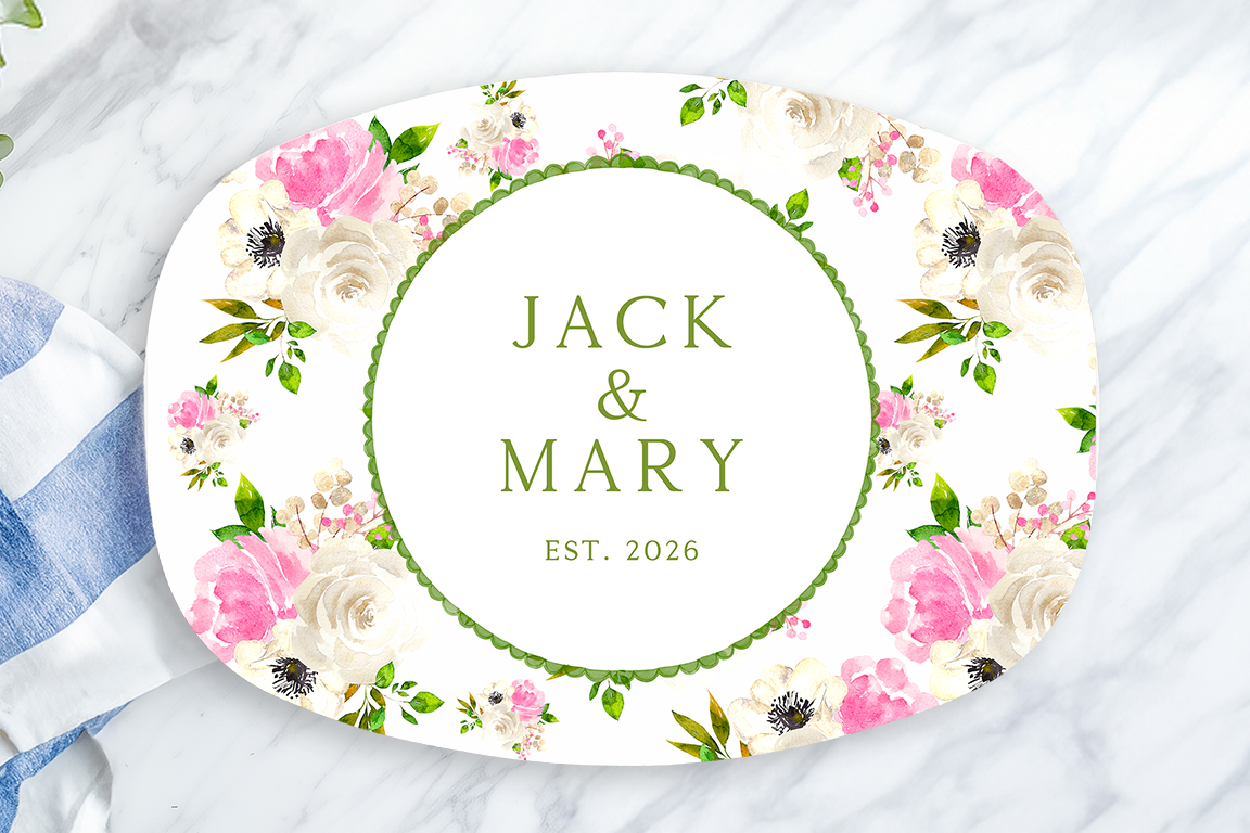 Personalized Floral Serving Platter | Custom Family Name Oval Melamine Platter | Pink Flower Serving Tray | Wedding & Housewarming Gift