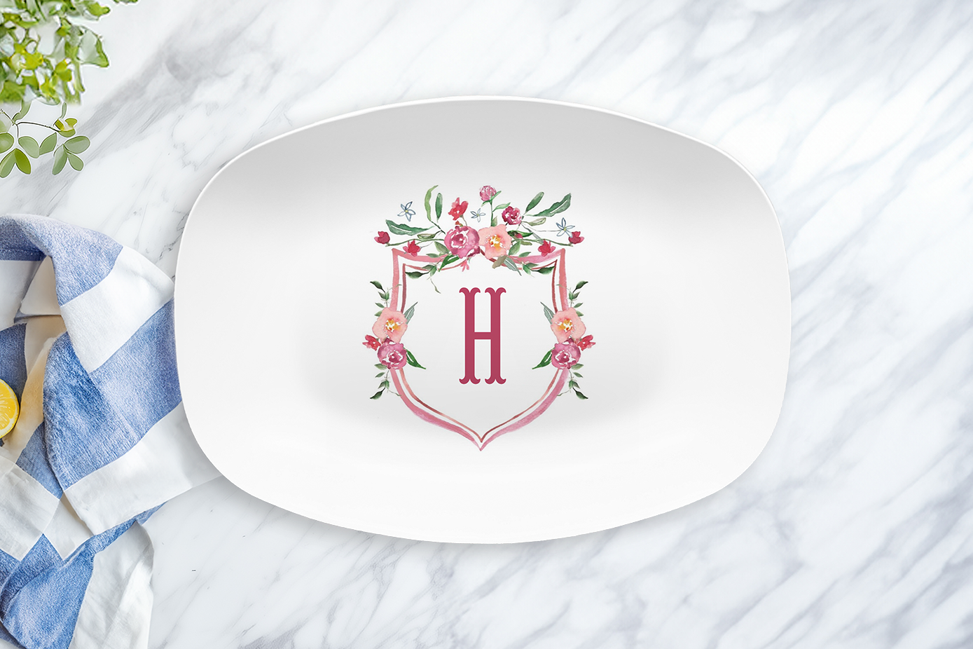Personalized Floral Crest Monogram Platter