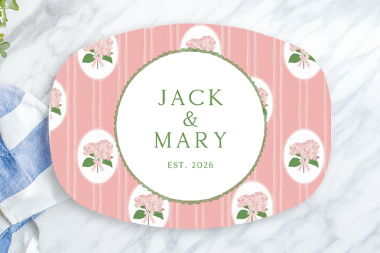 Personalized Pink Hydrangea Serving Platter | Custom Family Name Oval Melamine Platter | Floral Wedding Gift | Cottagecore Housewarming Tray