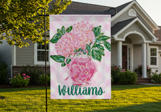 Personalized Pink Hydrangea Garden Flag