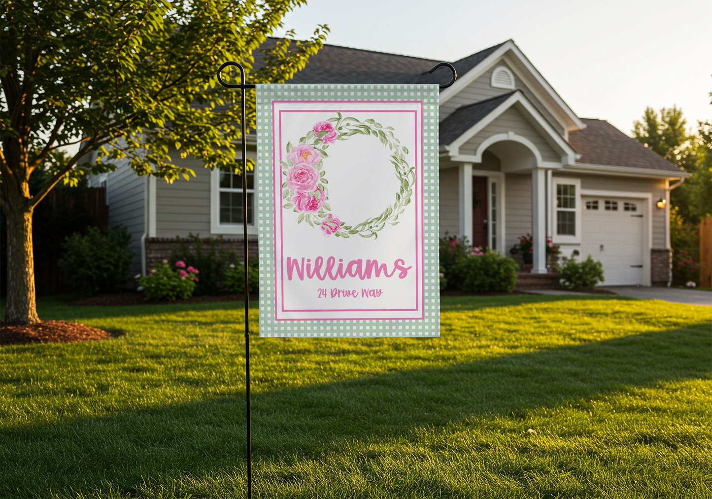 Personalized Pink Spring Wreath Garden Flag with Name & Address