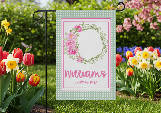 Personalized Pink Spring Wreath Garden Flag with Name & Address